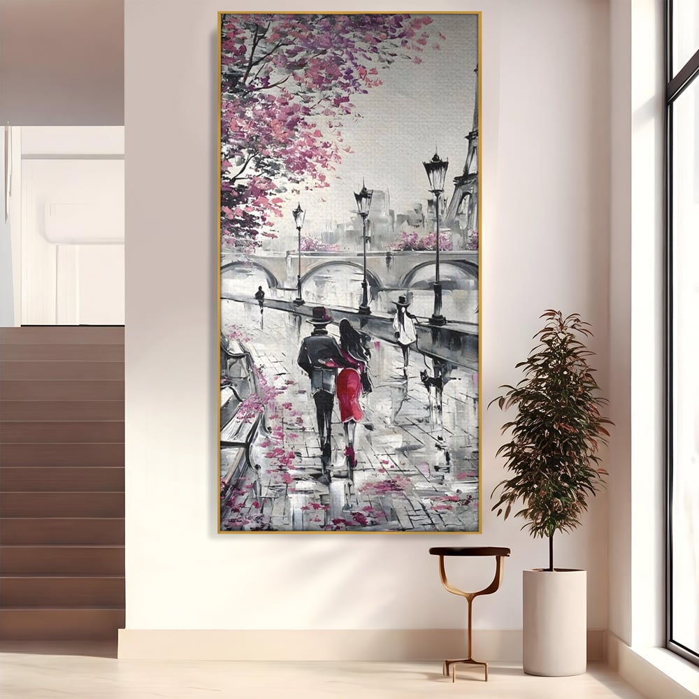 Tablou canvas cu pictura cu cuplu in paris, in rama de aluminiu auriu